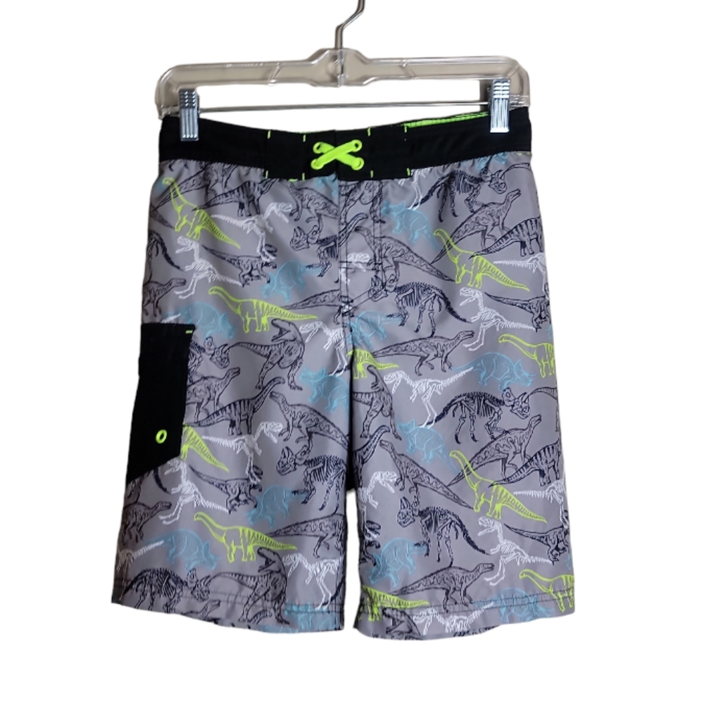 Cat & Jack boys dinosaur swim trunks gray green blue board shorts L 12-14